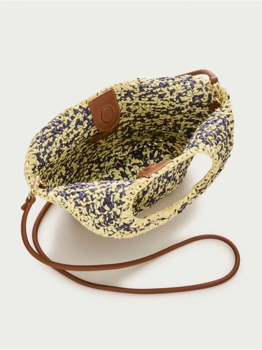 NWT, J Crew Small Handwoven Tote, Yellow & Navy Marled Straw, Leather Trim
